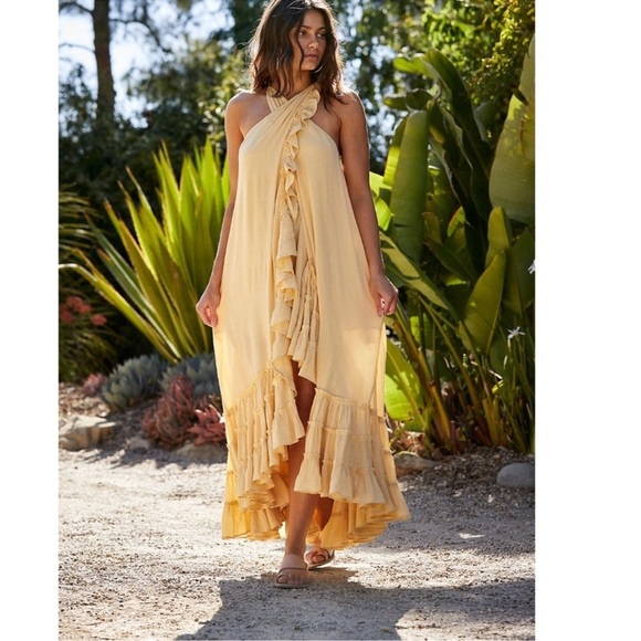 New Free People Wrap Around Maxi Dress Summer Ruffle Halter Yellow Ginger  XS - cruiseboatoman.com